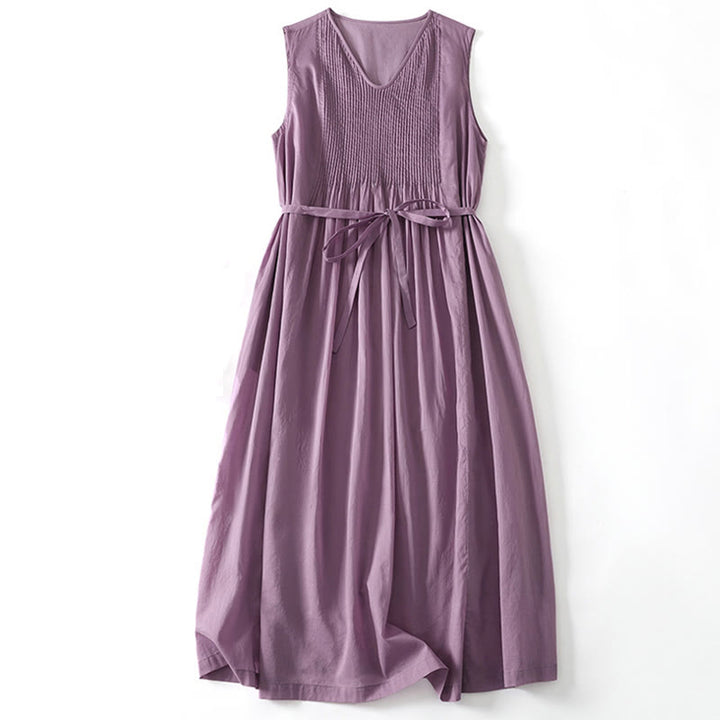 Buddha Stones Solid Color Accordion Design Sleeveless Cotton Midi Dress With Pockets - MediumOrchid - US8-10，UK/AU12-14，EU40-42 (2XL) - image 0