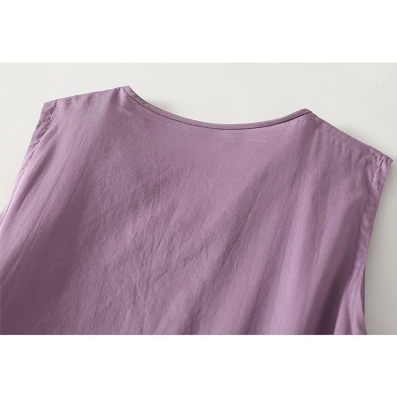 Buddha Stones Solid Color Accordion Design Sleeveless Cotton Midi Dress With Pockets - image 3