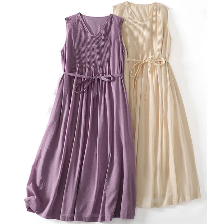 Buddha Stones Solid Color Accordion Design Sleeveless Cotton Midi Dress With Pockets - image 16