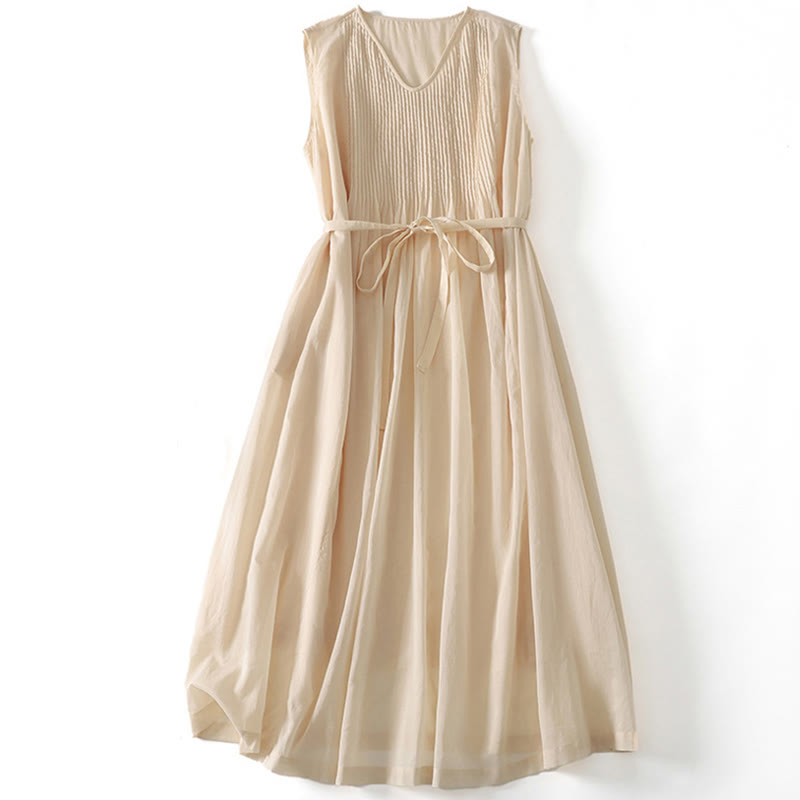 Buddha Stones Solid Color Accordion Design Sleeveless Cotton Midi Dress With Pockets - LightGoldenrodYellow - US8-10，UK/AU12-14，EU40-42 (2XL) - image 11