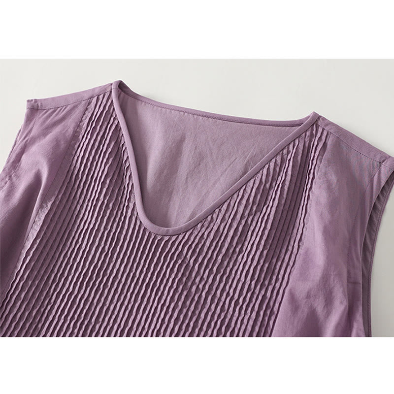 Buddha Stones Solid Color Accordion Design Sleeveless Cotton Midi Dress With Pockets - image 2