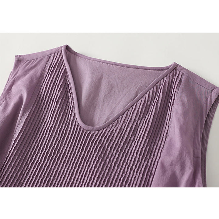 Buddha Stones Solid Color Accordion Design Sleeveless Cotton Midi Dress With Pockets - image 2