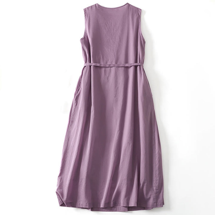 Buddha Stones Solid Color Accordion Design Sleeveless Cotton Midi Dress With Pockets - image 1
