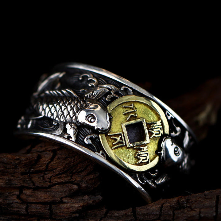 Buddha Stones Adjustable Opening 925 Sterling Silver Lucky Koi Fish Copper Coin Auspicious Clouds Wealth Ring - image 2