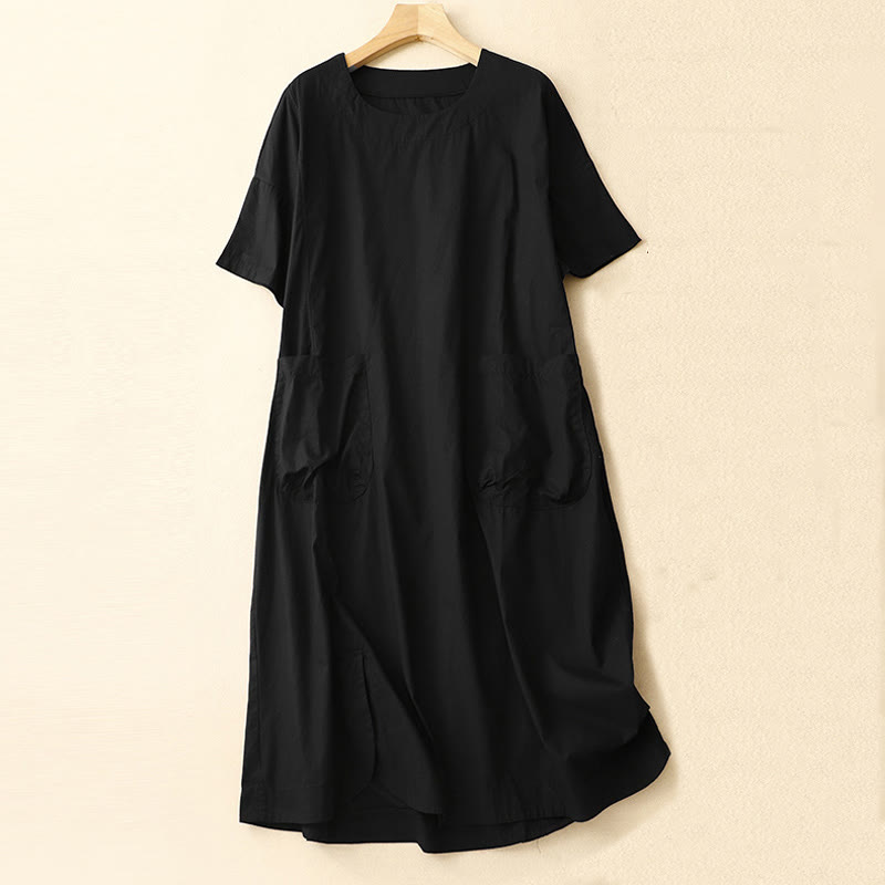 Buddha Stones Summer Plain Crew Neck Simple Short Sleeve Design Midi Dress With Pockets - Black - US8-10，UK/AU12-14，EU40-42 (2XL) - image 7