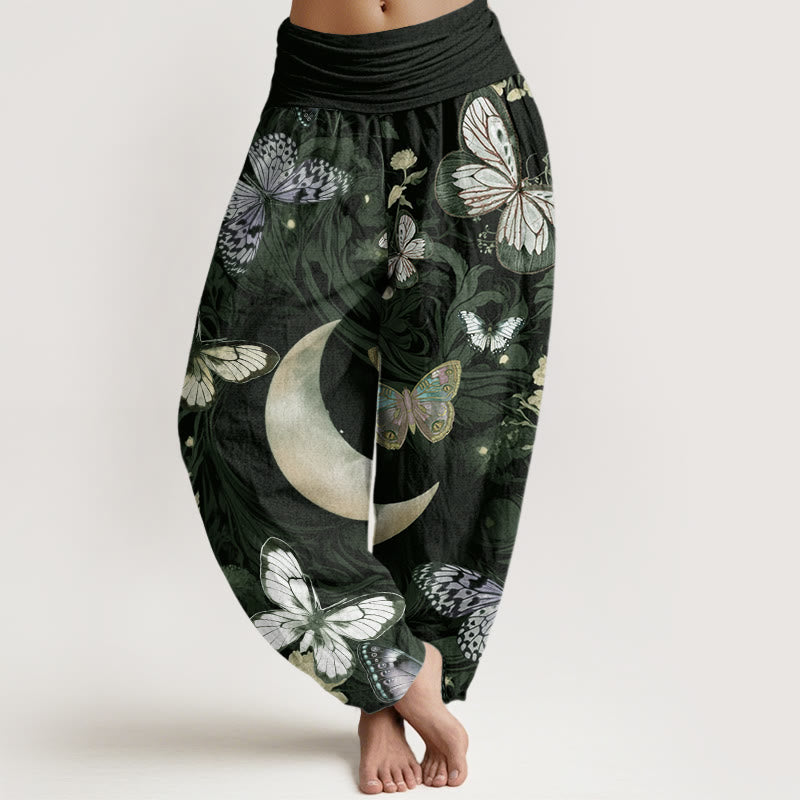 Buddha Stones Cotton Butterfly Flowers Crescent Moon Pattern Design Women's Elastic Waist Harem Pants - DarkSlateGray - US22，UK/AU26，EU54 (6XL) - image 4