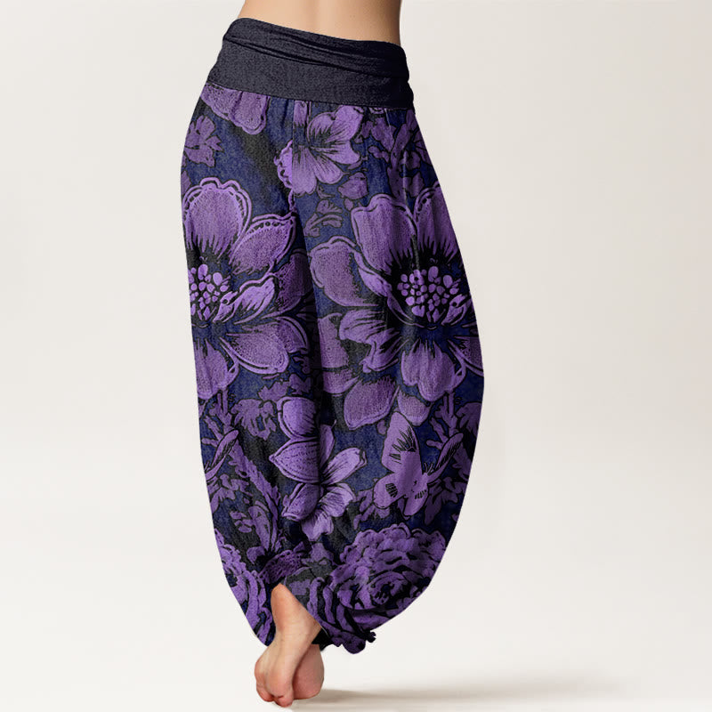 Buddha Stones Cotton Peony Flowers Butterfly Pattern Design Women's Elastic Waist Harem Pants - image 1