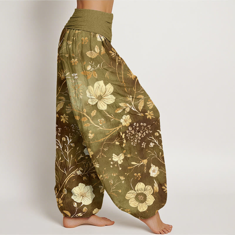 Buddha Stones Cotton White Flowers Winding Vines Pattern Design Women's Elastic Waist Harem Pants - image 6
