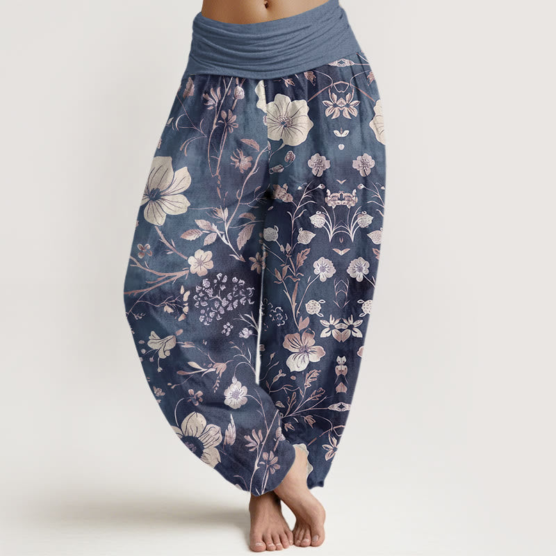 Buddha Stones Cotton White Flowers Winding Vines Pattern Design Women's Elastic Waist Harem Pants - SkyBlue - US22，UK/AU26，EU54 (6XL) - image 7