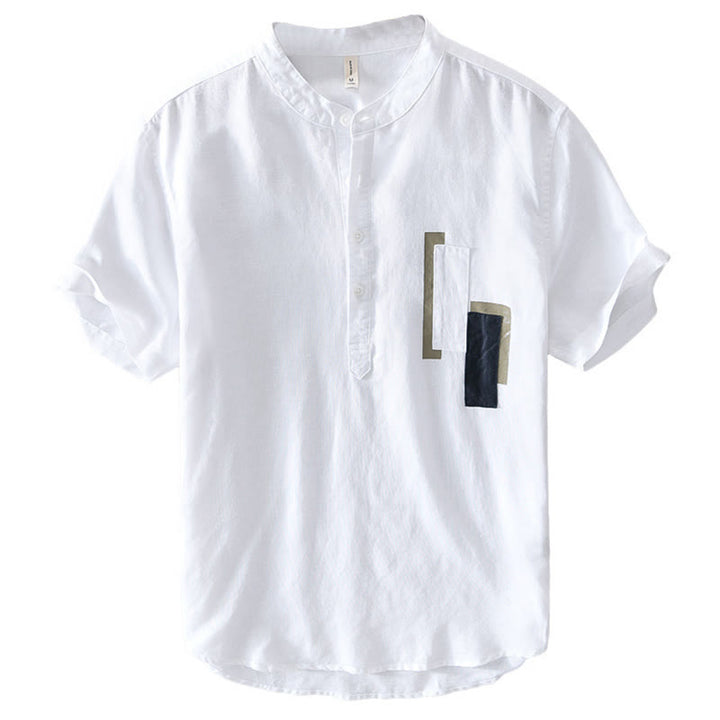 Buddha Stones Daily Plain Patch Color Matching Design Men's Short Sleeve Cotton Linen Shirt - image 3