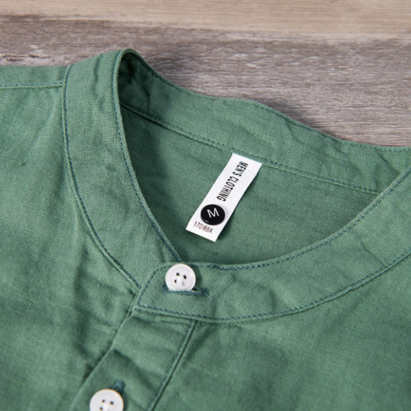 Buddha Stones Daily Plain Patch Color Matching Design Men's Short Sleeve Cotton Linen Shirt - image 5