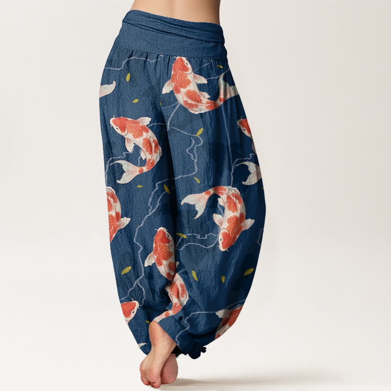 Buddha Stones Cotton Red White Koi Fish Pattern Design Women's Elastic Waist Harem Pants - image 1