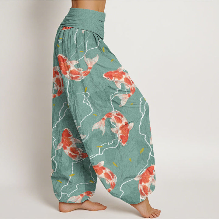 Buddha Stones Cotton Red White Koi Fish Pattern Design Women's Elastic Waist Harem Pants - image 6