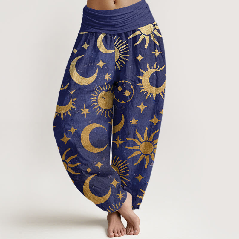 Buddha Stones Cotton Crescent Moon Sun Stars Pattern Design Women's Elastic Waist Harem Pants - SlateBlue - US22，UK/AU26，EU54 (6XL) - image 4