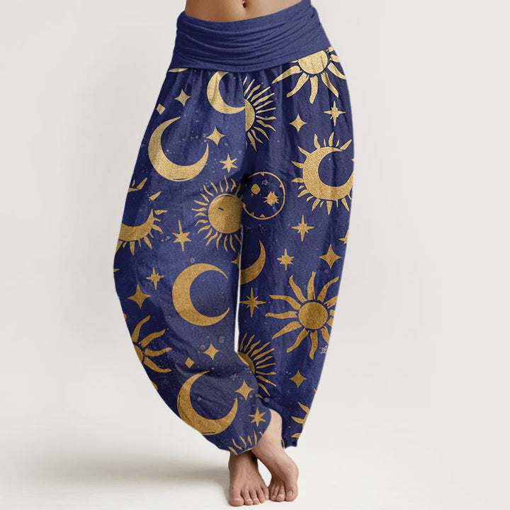 Buddha Stones Cotton Crescent Moon Sun Stars Pattern Design Women's Elastic Waist Harem Pants - SlateBlue - US22，UK/AU26，EU54 (6XL) - image 4