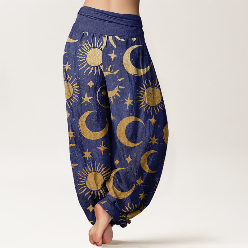 Buddha Stones Cotton Crescent Moon Sun Stars Pattern Design Women's Elastic Waist Harem Pants - image 5