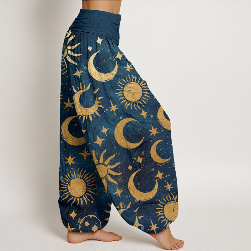 Buddha Stones Cotton Crescent Moon Sun Stars Pattern Design Women's Elastic Waist Harem Pants - image 9