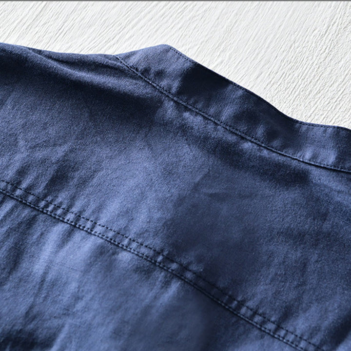 Buddha Stones Solid Color Half Button Design Stand Collar Men's Short Sleeve Cotton Linen Shirt - image 12