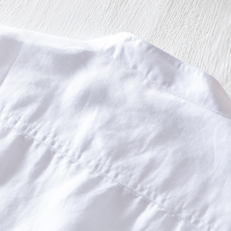 Buddha Stones Solid Color Half Button Design Stand Collar Men's Short Sleeve Cotton Linen Shirt - image 7