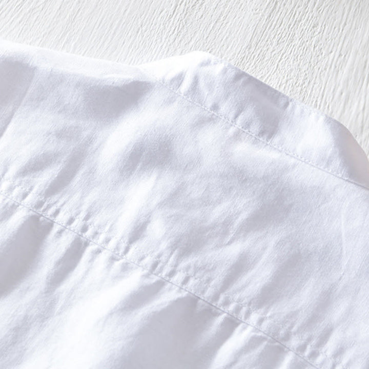 Buddha Stones Solid Color Half Button Design Stand Collar Men's Short Sleeve Cotton Linen Shirt - image 7