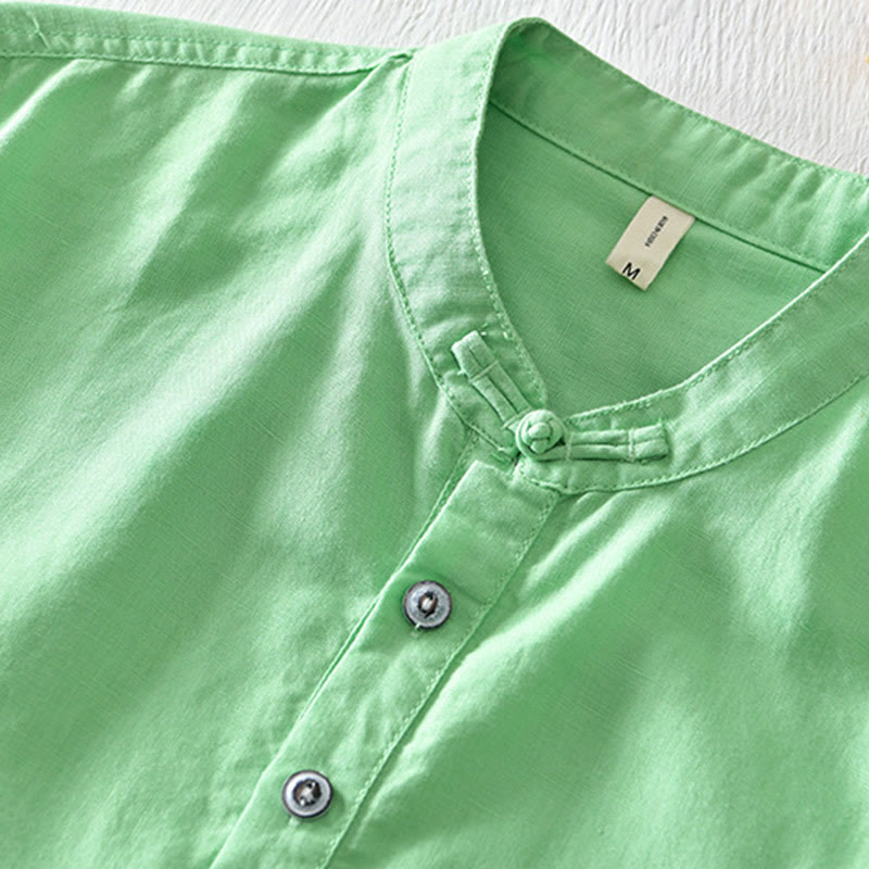Buddha Stones Solid Color Half Button Design Stand Collar Men's Short Sleeve Cotton Linen Shirt - image 14