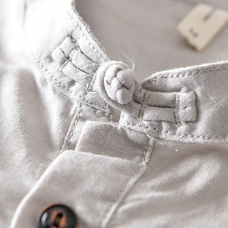 Buddha Stones Solid Color Half Button Design Stand Collar Men's Short Sleeve Cotton Linen Shirt - image 4