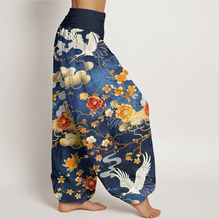 Buddha Stones Cotton Auspicious Clouds White Cranes Red Flowers Pattern Design Women's Elastic Waist Harem Pants - image 2