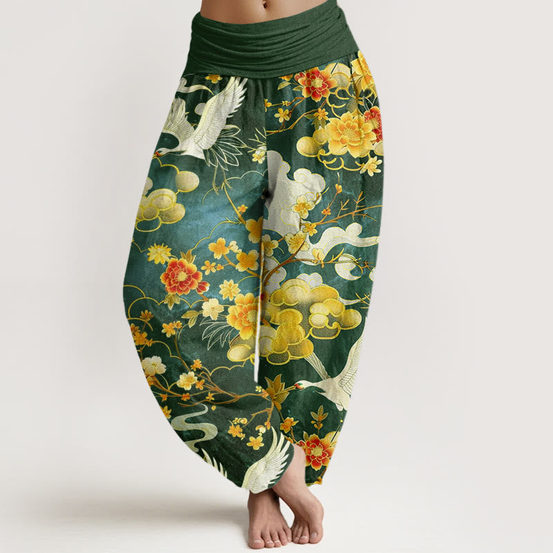 Buddha Stones Cotton Auspicious Clouds White Cranes Red Flowers Pattern Design Women's Elastic Waist Harem Pants - SeaGreen - US22，UK/AU26，EU54 (6XL) - image 7