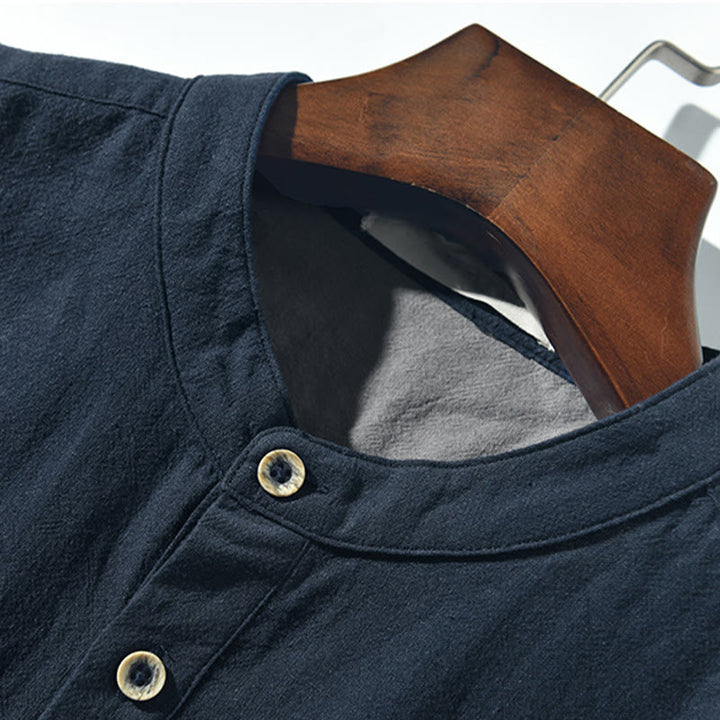 Buddha Stones Color Contrast Half Button Men's Short Sleeve Cotton Linen Shirt With Pocket - image 14