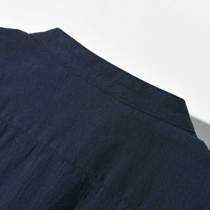 Buddha Stones Color Contrast Half Button Men's Short Sleeve Cotton Linen Shirt With Pocket - image 15