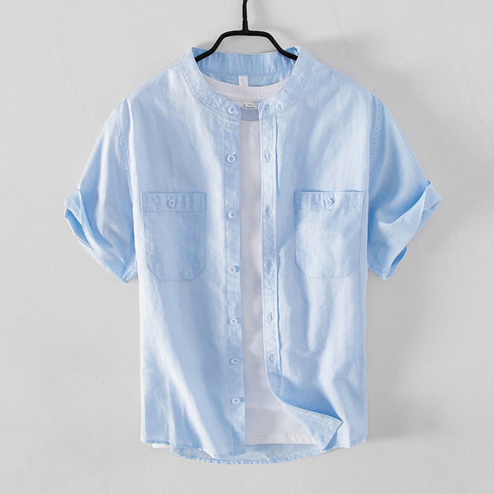 Buddha Stones Casual Daily Simple Buttons Design Stand Collar Men's Short Sleeve Cotton Linen Shirt With Front Pockets - image 0