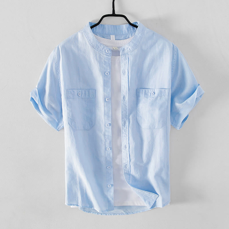 Buddha Stones Casual Daily Simple Buttons Design Stand Collar Men's Short Sleeve Cotton Linen Shirt With Front Pockets - image 0