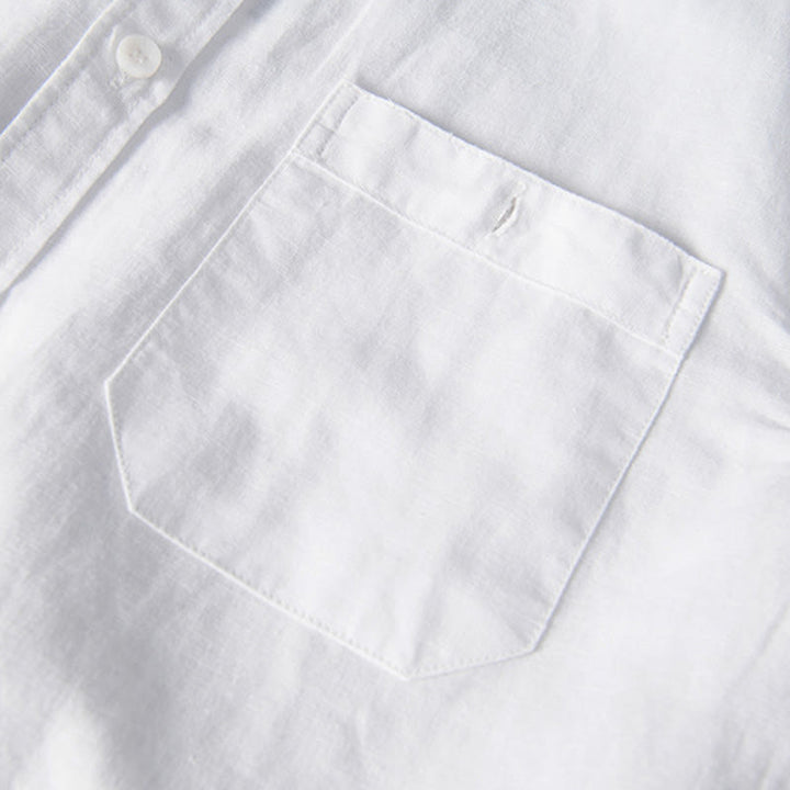 Buddha Stones Casual Daily Simple Buttons Design Stand Collar Men's Short Sleeve Cotton Linen Shirt With Front Pockets - image 5