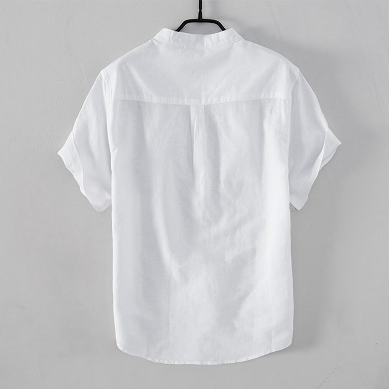 Buddha Stones Casual Daily Simple Buttons Design Stand Collar Men's Short Sleeve Cotton Linen Shirt With Front Pockets - image 2
