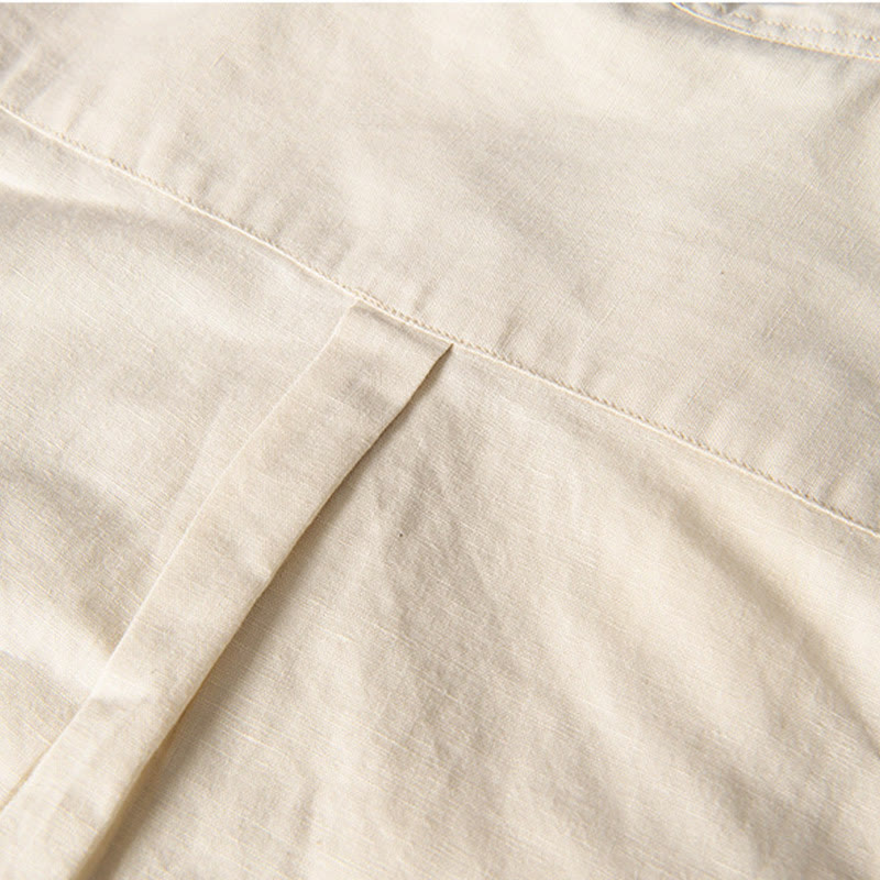 Buddha Stones Casual Daily Simple Buttons Design Stand Collar Men's Short Sleeve Cotton Linen Shirt With Front Pockets - image 14