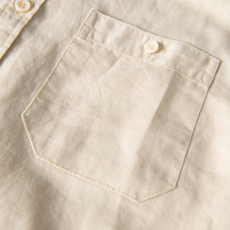 Buddha Stones Casual Daily Simple Buttons Design Stand Collar Men's Short Sleeve Cotton Linen Shirt With Front Pockets - image 13