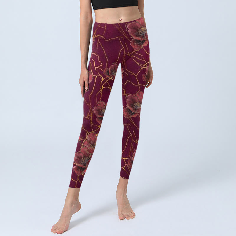 Buddha Stones Red Petals Golden Lines Pattern Print Gym Leggings Women's Yoga Pants - image 5