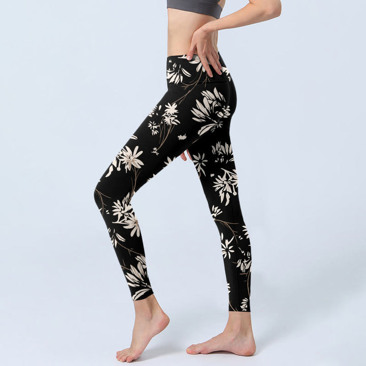 Buddha Stones Black White Petals Pattern Print Gym Leggings Women's Yoga Pants - image 2