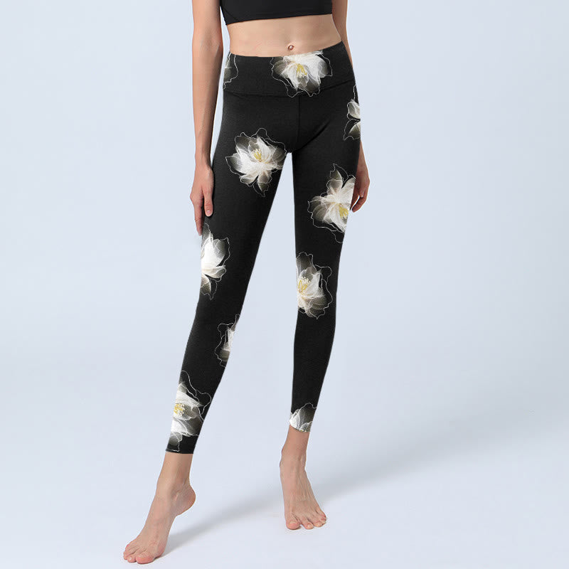 Buddha Stones Black White Lotus Petals Pattern Print Gym Leggings Women's Yoga Pants - image 6