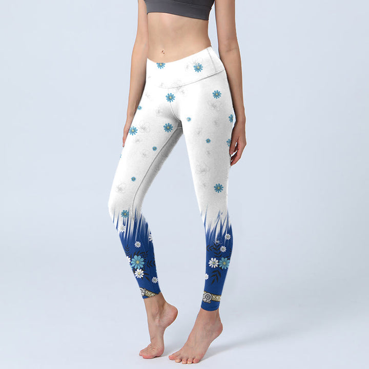 Buddha Stones White Flowers Grass Leaves Pattern Print Gym Leggings Women's Yoga Pants - Snow - US18，UK/AU22，EU50 (4XL) - image 0