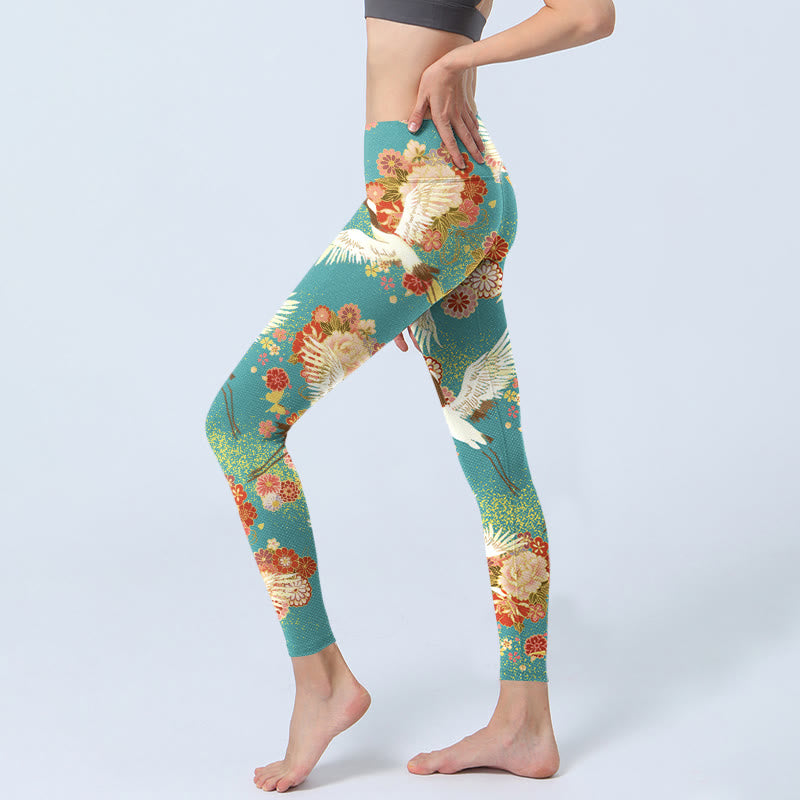 Buddha Stones Red-crowned Cranes Peony Flowers Butterfly Pattern Print Gym Leggings Women's Yoga Pants - image 2