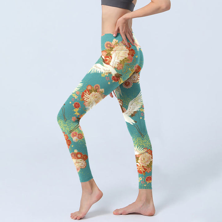 Buddha Stones Red-crowned Cranes Peony Flowers Butterfly Pattern Print Gym Leggings Women's Yoga Pants - image 2