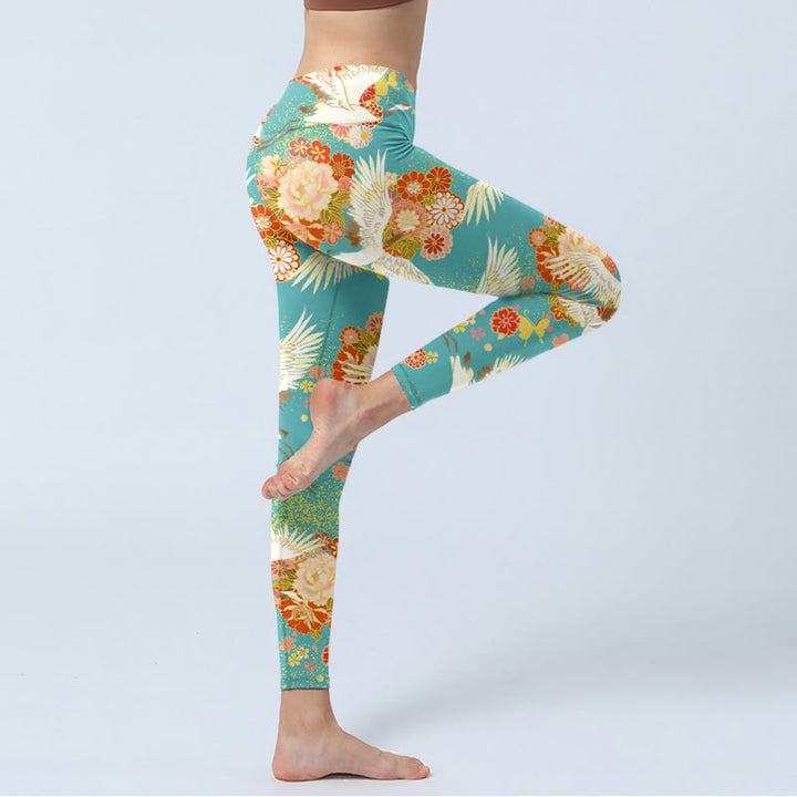 Buddha Stones Red-crowned Cranes Peony Flowers Butterfly Pattern Print Gym Leggings Women's Yoga Pants - image 3