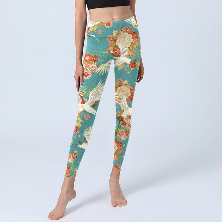 Buddha Stones Red-crowned Cranes Peony Flowers Butterfly Pattern Print Gym Leggings Women's Yoga Pants - image 5
