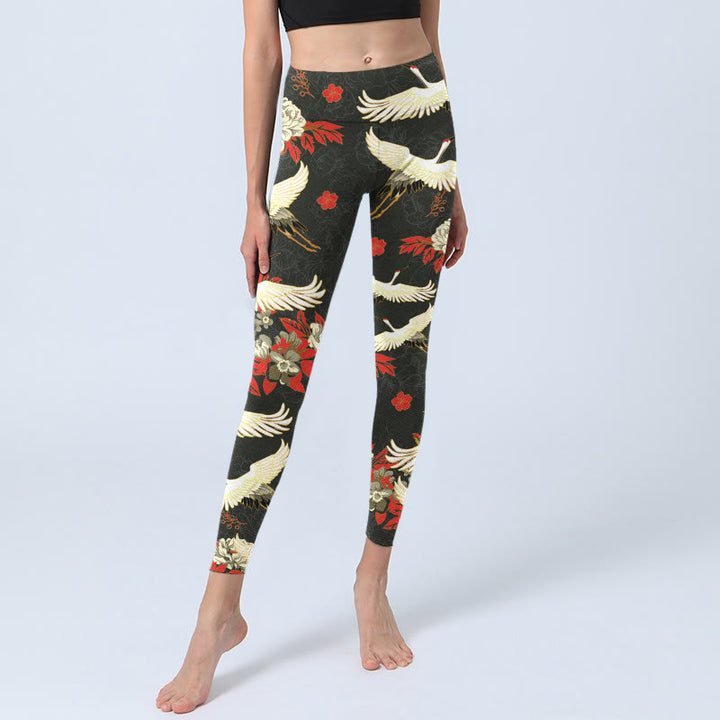 Buddha Stones Red-crowned Cranes Peony Flowers Pattern Print Gym Leggings Women's Yoga Pants - image 5