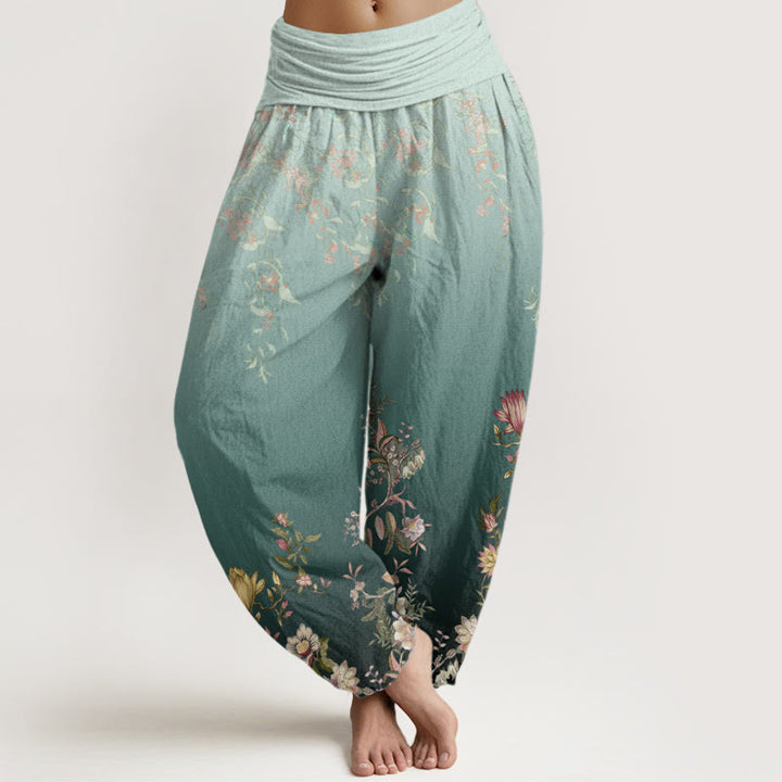 Buddha Stones Cotton Casual Gradient Delicate Floral Leaf Pattern Women's Elastic Waist Harem Pants - LightSeaGreen - US22，UK/AU26，EU54 (6XL) - image 0