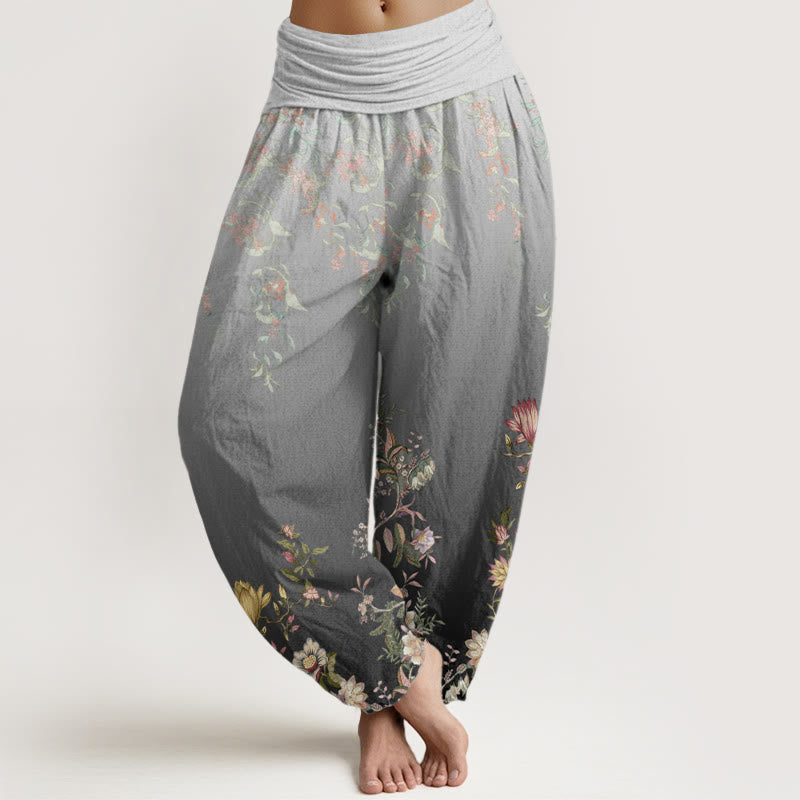 Buddha Stones Cotton Casual Gradient Delicate Floral Leaf Pattern Women's Elastic Waist Harem Pants - LightSlateGray - US22，UK/AU26，EU54 (6XL) - image 4