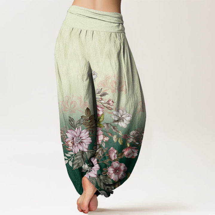 Buddha Stones Cotton Casual Gradient Petals Leaves Pattern Women's Elastic Waist Harem Pants - image 2