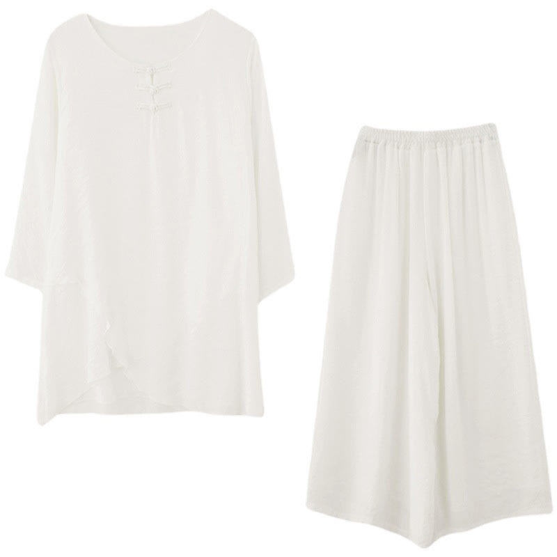 Buddha Stones 2Pcs Beige Chinese Frog-Button Design Long Sleeve Shirt Top Pants Meditation Zen Tai Chi Cotton Linen Clothing Women's Set - image 21