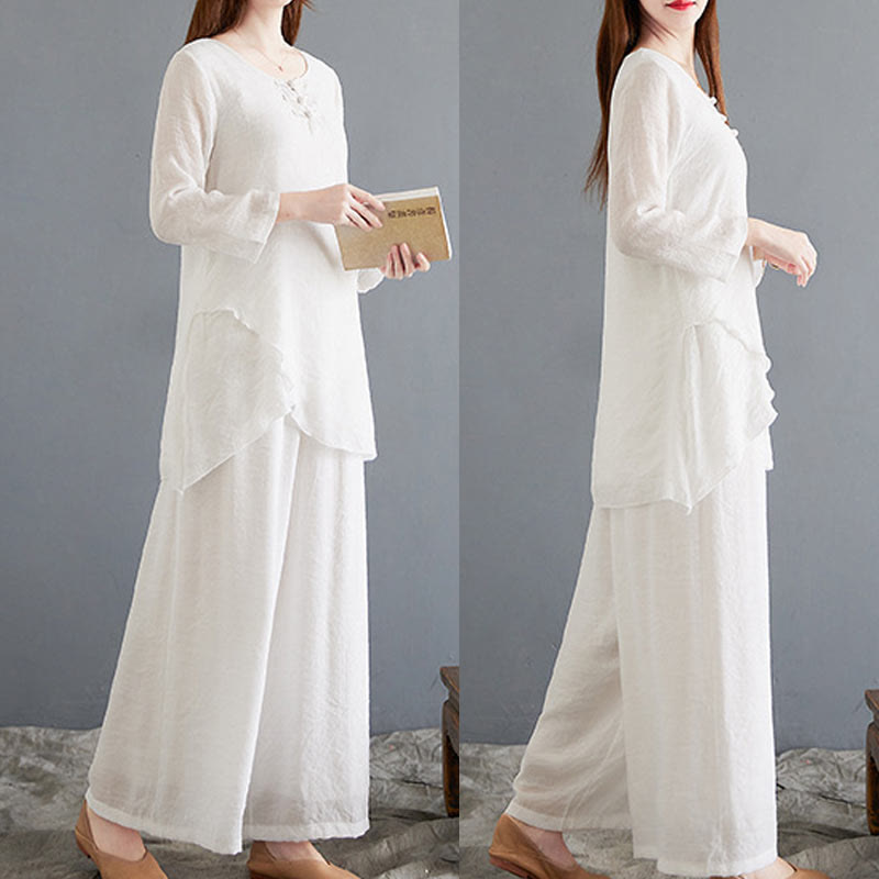 Buddha Stones 2Pcs Beige Chinese Frog-Button Design Long Sleeve Shirt Top Pants Meditation Zen Tai Chi Cotton Linen Clothing Women's Set - image 19